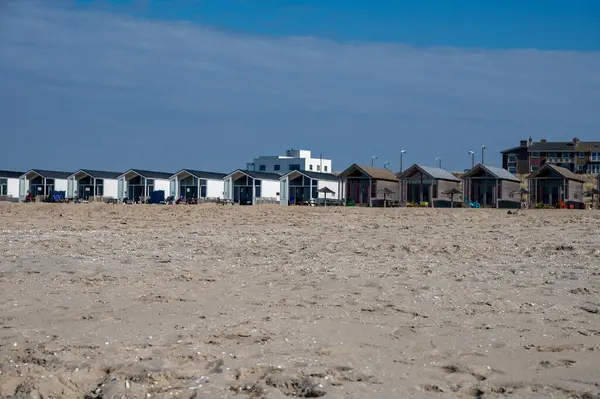 Dovolená Pláži Volný Čas Písečné Pláži Přímořské Dřevěné Chaty Katwijk — Stock fotografie