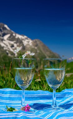 Savoy bölgesinden Roussette de Savoie veya Vin de Savoie şarabı, Fransa 'nın Alpes dağlarında Col du Lautaret' in çiçek açan alp çayırlarında mevcuttur..