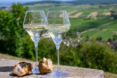Sancerre Chavignol üzüm bağlarından alınmış beyaz şarap kadehleri ve Sancerre köyü yakınlarındaki çakıl taşı toprağı örneği, Cher, Loire vadisi, Fransa.