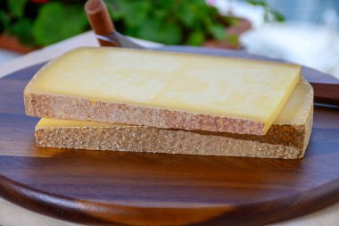 Fransız peyniri kontu, üç çeşit, 1 yıl olgunlaşmış prestij, meyveli meyve aromalı meyve ve Vieille Rezervi yakın plan.