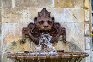 Gijon 'da, Asturias' ta, İspanya 'da, eski aslan çeşmesinde