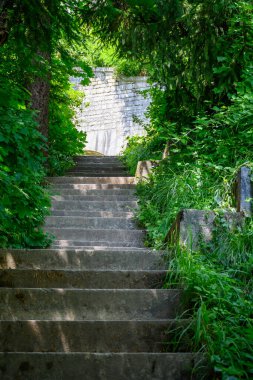 Bastille Kalesi 'nden merdivenlerle inen, Grenoble şehrinin orta kesimindeki devlerin merdivenleri etrafındaki dağlar, eski teleferik, Isere, Fransa yazın