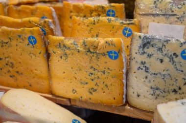 İnek, koyun ve keçi sütünden yapılmış Pria 'dan kırmızı peynir, Asturias' tan 3 süt peyniri çiftlik dükkanında satılıyor, İspanya