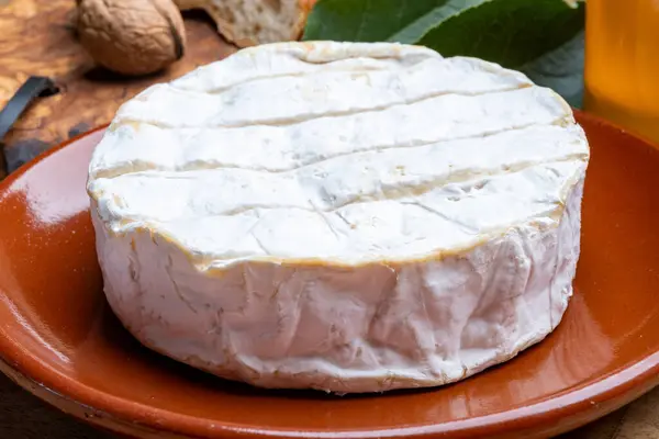 Fransız Peyniri Orijinal Camembert Normandie Peyniri Beyaz Küfle Kaplayın — Stok fotoğraf