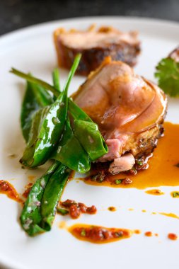 Modern Fransız haute mutfağından nefis, emzirilmiş domuz yemeği. Restoranın bahçesinden ve çiftliğinden taze organik malzemelerle hazırlanmış ve çok güzel servis edilmiş.