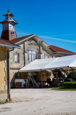 Haut-Medoc 'taki tipik şarap sahasının veya şatonun görüntüsü kırmızı şarap üretim bölgesi, Pauillac köyü, Bordeaux, Gironde Estuary, Fransa' nın sol kıyısı