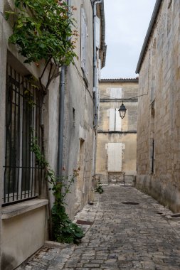 Cognac beyaz şarap bölgesindeki eski caddelerin ve evlerin manzarası, Charente bölgesi, güçlü alkol damıtma endüstrisi, Grand Champagne, Fransa
