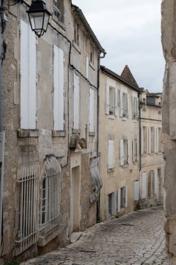 Cognac beyaz şarap bölgesindeki eski caddelerin ve evlerin manzarası, Charente bölgesi, güçlü alkol damıtma endüstrisi, Grand Champagne, Fransa