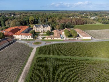 Fransa 'nın Bordeaux, Margaux şehrinde bulunan Gironde Estuary' nin sol kıyısında kırmızı üzümlü kırmızı şarap üreten Haut-Medoc üzümlü yeşil üzüm bağlarıyla hava manzarası.