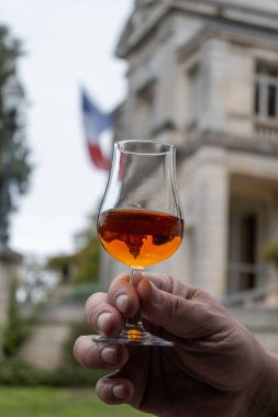 Varillerde yıllanmış konyak, içki ve şehirdeki eski caddeleri ve evleri görmek konyak, Grand Champagne, Charente, güçlü alkol damıtma endüstrisi, Fransa