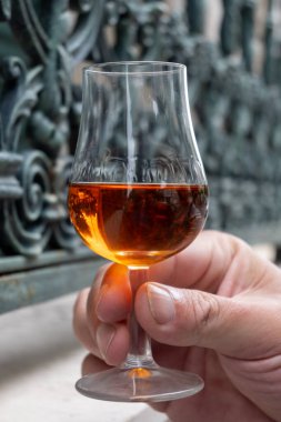 Varillerde yıllanmış konyak, içki ve şehirdeki eski caddeleri ve evleri görmek konyak, Grand Champagne, Charente, güçlü alkol damıtma endüstrisi, Fransa