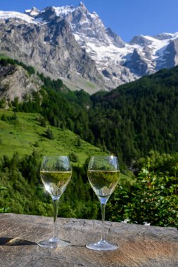 Kuru beyaz Roussette de Savoie ve Savoy bölgesinden Vin de Savoie Fransız şarabı içerken, üzerinde kar olan Hautes Alpes dağları manzaralı