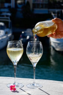 Port Grimaud limanında bir bardak soğuk beyaz şarap. Fransız Riviera 'sında yaz tatili.