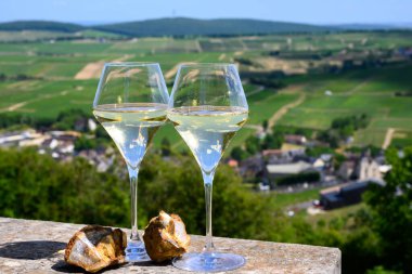 Sancerre Chavignol üzüm bağlarından alınmış beyaz şarap kadehleri ve Sancerre köyü yakınlarındaki çakıl taşı toprağı örneği, Cher, Loire vadisi, Fransa.