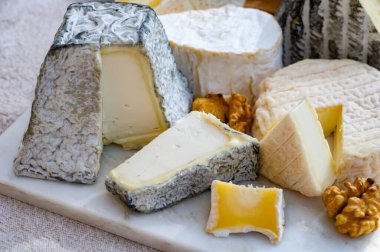 Fransız peynirleri koleksiyonu, Perail les Buissieres koyun peyniri, neufchatel inek sütü peyniri, tomme de chevre keçi peyniri, Valencay kara keçi peyniri sütü mermer tahtada servis ediliyor.