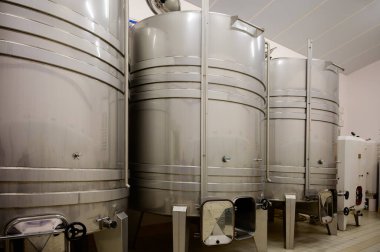Pouilly-Fume 'daki mahzenlerde şarap turu, Pouilly-sur-Loire, Burgundy, Fransa yakınlarındaki Pouilly-Fume adreslerinin üzüm bağlarından beyaz şarap tankları..