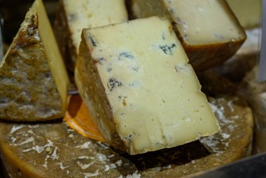 İnek, keçi ve koyun kavunundan yapılmış farklı Asturias, Kuzey İspanya 'daki peynir dükkanında sergilenmekte olan farklı Asturian peynirleri.