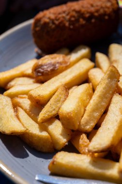 Hollanda fast food 'u, kıymalı kızartma ve patates cipsi ile doldurulmuş mayonez, yeşil salata, yakın çekim.