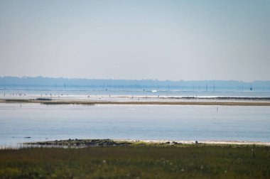 Fransa 'nın Atlantik kıyı şeridi boyunca Bordeaux' nun güneybatısında Fransa 'nın Cap Ferret yarımadasından birçok balıkçı teknesi ve istiridye çiftliğiyle Arcachon Körfezi' ne bakın.