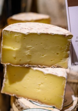 İnek, keçi ve koyun kavunundan yapılmış farklı Asturias, Kuzey İspanya 'daki peynir dükkanında sergilenmekte olan farklı Asturian peynirleri.