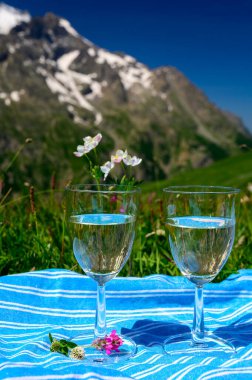 Savoy bölgesinden Roussette de Savoie veya Vin de Savoie şarabı, Fransa 'nın Alpes dağlarında Col du Lautaret' in çiçek açan alp çayırlarında mevcuttur..
