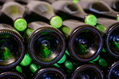 Bir sürü şampanya köpüklü şarap. Yeraltı mağaralarının ziyareti, Cote des Bar, Aube, Fransa 'nın güneyinde geleneksel şampanya yapımı.