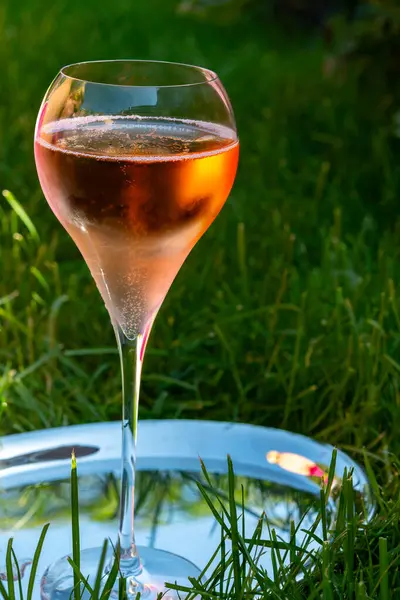 Picnic Green Grass Glasses Rose Champagne Sparkling Wine Cava Cremant — Stock Photo, Image