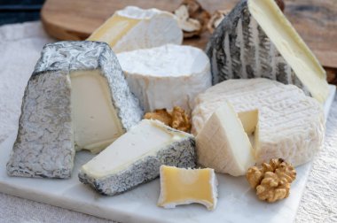 Fransız peynirleri koleksiyonu, Perail les Buissieres koyun peyniri, neufchatel inek sütü peyniri, tomme de chevre keçi peyniri, Valencay kara keçi peyniri sütü mermer tahtada servis ediliyor.