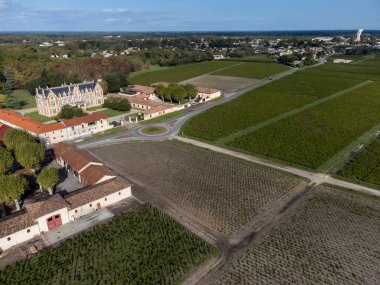 Fransa 'nın Bordeaux, Margaux şehrinde bulunan Gironde Estuary' nin sol kıyısında kırmızı üzümlü kırmızı şarap üreten Haut-Medoc üzümlü yeşil üzüm bağlarıyla hava manzarası.