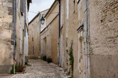 Cognac beyaz şarap bölgesindeki eski caddelerin ve evlerin manzarası, Charente bölgesi, güçlü alkol damıtma endüstrisi, Grand Champagne, Fransa