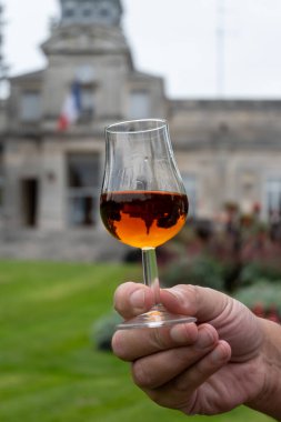 Varillerde yıllanmış konyak, içki ve şehirdeki eski caddeleri ve evleri görmek konyak, büyük şampanya, Charente, güçlü alkol damıtma endüstrisi, Fransa