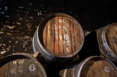 Eski koyu Fransız meşe fıçılarında konyak ruhunun yaşlanma süreci içki imalathanesinde, konyak beyaz şarap bölgesinde, Charente, Segonzac, Grand Champagne, Fransa