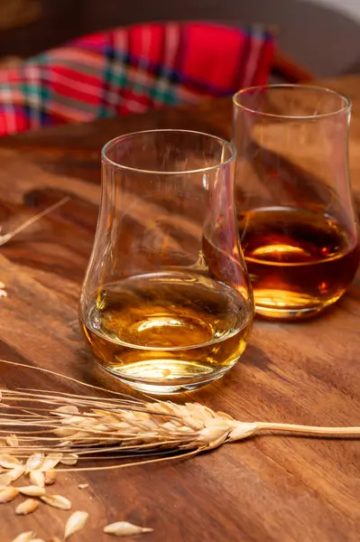 Tasting of different Scotch whiskies strong alcoholic drinks, drum glass of whiskey and colorful Scotch tartan on background close up