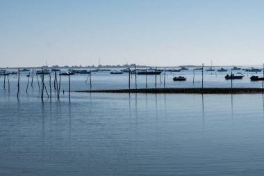 Fransa 'nın Atlantik kıyı şeridi boyunca Bordeaux' nun güneybatısında Fransa 'nın Cap Ferret yarımadasından birçok balıkçı teknesi ve istiridye çiftliğiyle Arcachon Körfezi' ne bakın.