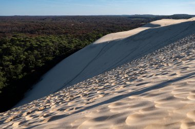Altın kum ve mavi gökyüzü, Avrupa 'nın en uzun kum tepeciği Arcachon Körfezi bölgesindeki La Teste-de-Buch, Fransa' nın Atlantik kıyı şeridi boyunca Bordeaux 'nun güneybatısında yer alır.
