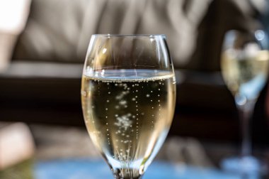 Şarap tatma. Moezel, Moselle ya da Musel Nehri olarak da bilinen Moezel kıyısındaki Lüksemburg ülkesinin güney kesiminde geleneksel köpüklü şarap üretim metodu.