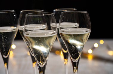 Yeni yıl partisi, küçük brut şampanya baloncukları kava ya da lale gözlüklü şarap koyu arka planda çelenk ışıkları