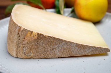 Piece of tasty Ossau-Iraty or Esquirrou sheep cheese produced in south-western France, Northern Basque Country, close up clipart