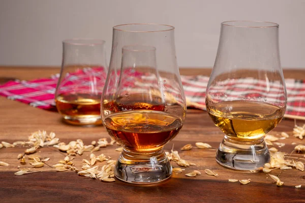 Tasting of different Scotch whiskies strong alcoholic drinks, drum glass of whiskey and colorful Scotch tartan on background close up