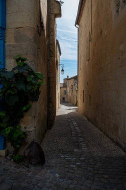 Eski evlerin manzarası ve ortaçağ kasabası St. Emilion 'un dar tepecikli caddeleri, Cru sınıfı üzüm bağlarında kırmızı Bordeaux şarabı üretimi Saint-Emilion şarap üretim bölgesi, Fransa, Bordeaux