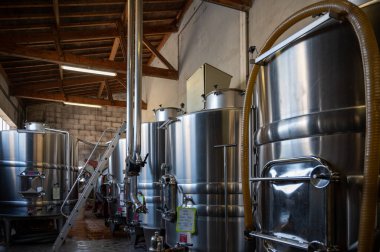 Şaraphanedeki üzümlerin ilk fermantasyonu için çelik tanklar, Saint-Emilion şarap toplama, bölge toplama, ellerle sıralama ve şarap ezme Merlot veya Cabernet Sauvignon kırmızı şarap üzümleri, Fransa