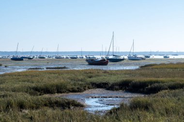 Fransa 'nın Atlantik kıyı şeridi boyunca Bordeaux' nun güneybatısında Fransa 'nın Cap Ferret yarımadasından birçok balıkçı teknesi ve istiridye çiftliğiyle Arcachon Körfezi' ne bakın.