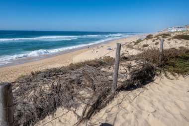 Plage de Horizon, Plage de l 'ocean Le Phare du Cap Ferret ve Duna du Pilat yakınlarındaki Plage de l' ocean, Cap Ferret yarımadası, Fransa, Bordeaux 'nun güneybatısı, Fransa' nın Atlantik kıyıları güneşli bir günde