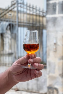 Varillerde yıllanmış konyak, içki ve şehirdeki eski caddeleri ve evleri görmek konyak, Grand Champagne, Charente, güçlü alkol damıtma endüstrisi, Fransa