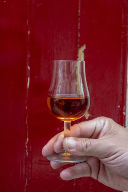 Varillerde yıllanmış konyak, içki ve şehirdeki eski caddeleri ve evleri görmek konyak, Grand Champagne, Charente, güçlü alkol damıtma endüstrisi, Fransa