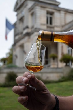 Varillerde yıllanmış konyak, içki ve şehirdeki eski caddeleri ve evleri görmek konyak, Grand Champagne, Charente, güçlü alkol damıtma endüstrisi, Fransa