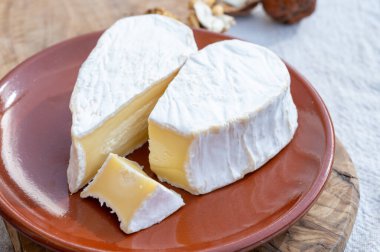 Peynir koleksiyonu, Normandiya bölgesinden Fransız peyniri, çiftlik dükkanından kalp şeklinde neufchatel.