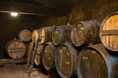 Eski koyu Fransız meşe fıçılarında konyak ruhunun yaşlanma süreci içki imalathanesinde, konyak beyaz şarap bölgesinde, Charente, Segonzac, Grand Champagne, Fransa