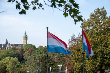 Lüksemburg veya Lüksemburg 'un başkenti ve Avrupa Birliği' nin sonbaharda fiili başkentlerinden biri olan Lüksemburg bayrağının manzarası
