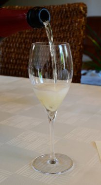 Grand Cru şarabının tadı köpüklü beyaz şarap Grand Cru şarap üreticisi küçük bir köy olan Ambonnay, Champagne, Fransa 'daki eski şampanya evinde şampanya.